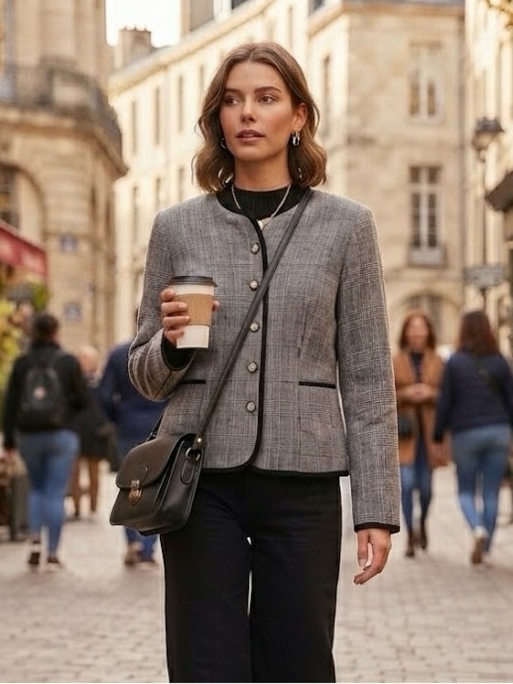 Vintage Black & Gray Plaid Trim Blazer